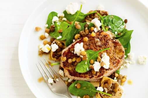 Fennel And Pepper Pork With Artichoke Lentil & Spinach Salad