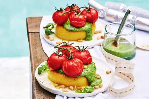 Fried Polenta With Creamy Pesto And Roasted Tomatoes