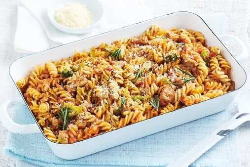 Fusilli Pasta Bake With Italian Sausage Broccoli And Red Wine And Garlic Sauce