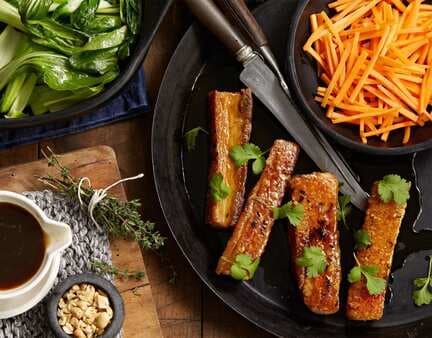Ginger-Braised Pork Belly With Pak Choy & Pickled Carrots