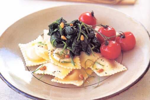 Goats' Cheese Ravioli With Spinach And Roast Tomatoes
