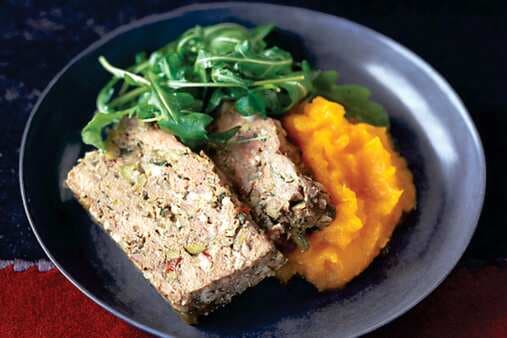 Green Olive And Mixed Herb Meatloaf On Pumpkin Puree