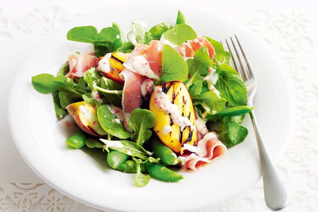 Grilled Peach And Prosciutto Salad With Yoghurt Dressing