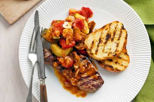 Grilled Steak With Ratatouille And Garlic Toasts