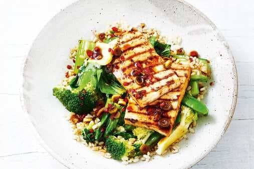Grilled Tofu With Brown Rice Asian Greens And Chilli Sesame Dressing