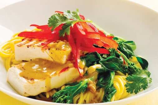 Grilled Tofu With Peanut Sauce And Asian Greens