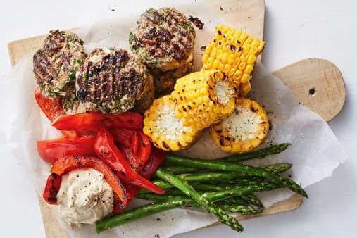 Healthy Feta And Mint Beef Patties With Grilled Vegies And Hummus