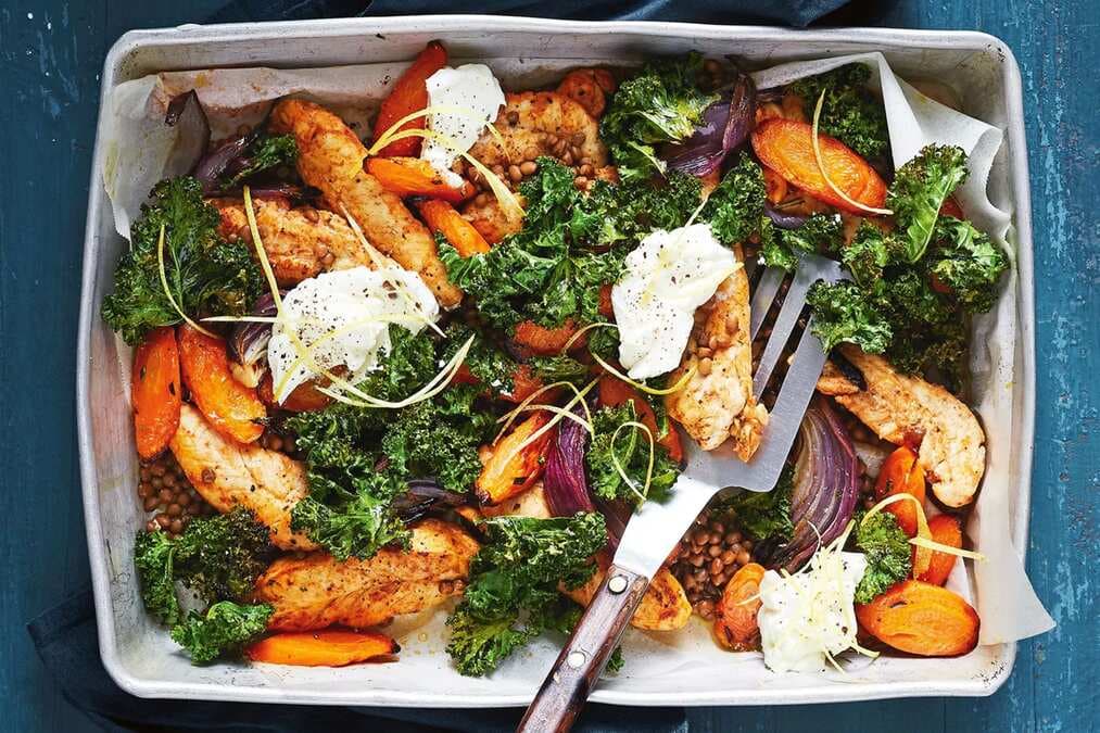 Healthy Harissa Chicken Lentil And Kale Tray Bake