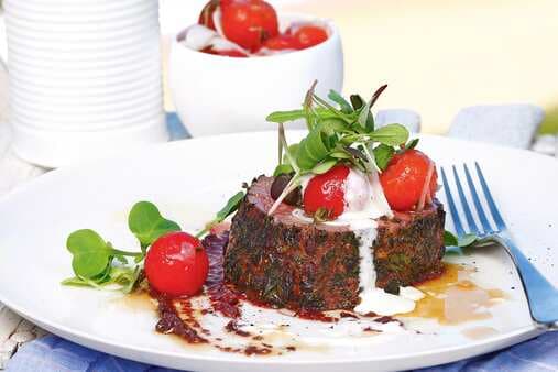 Herb-Crusted Beef With Confit Cherry Tomatoes