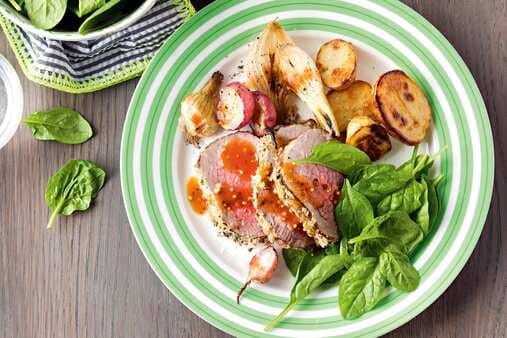 Herb-Crusted Beef With Sweet Roasted Radish