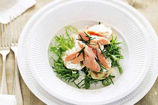 Herbed Pikelets With Smoked Trout Horseradish Cream And Endive