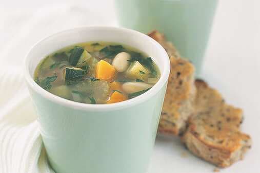 Herbed Vegetable And White Bean Soup With Garlic Toasts