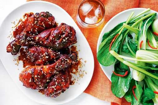 Honey Ginger Chicken Drumsticks With Chilli Asian Greens
