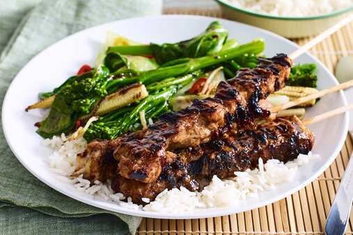 Honey And Soy Chicken Skewers With Stir-Fried Asian Greens