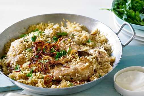 Indian Spiced Rice With Chicken Crispy Onions And Saffron