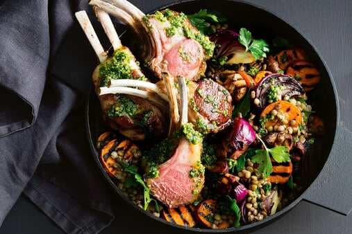 Lamb Rack With Grilled Sweet Potato Salad And Olive Chimichurri