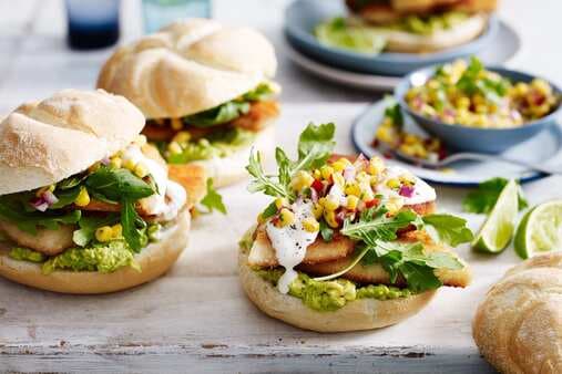 Mexican Chicken Burgers With Corn Salsa And Lime Aioli