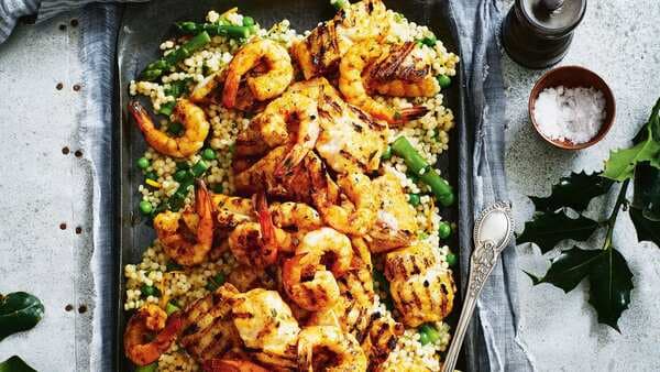 Moroccan Seafood Platter With Citrus And Mint Pearl Couscous