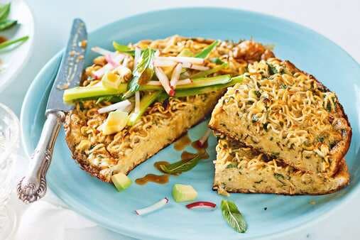 Noodle Cake With Refreshing Asparagus And Avocado Salad