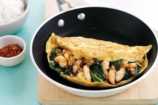 Omelette With Garlic Prawns And Choy Sum