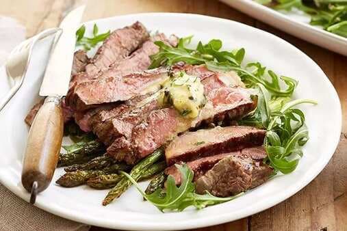 Pan-Seared Porterhouse Steaks With Asparagus And Green Peppercorn Butter