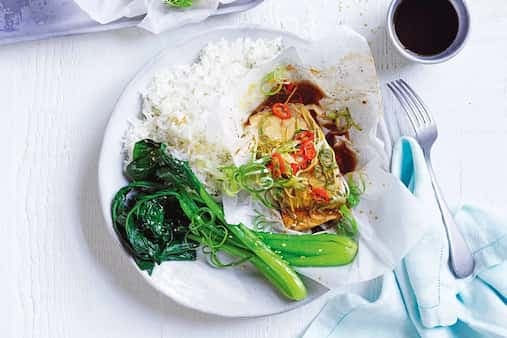 Paper-Baked Barramundi With Spring Greens