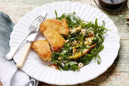 Parmesan Crusted Chicken Thighs With Pear-Rocket Salad