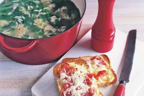 Pea & Spinach Risoni Soup With Mozzarella Toasties