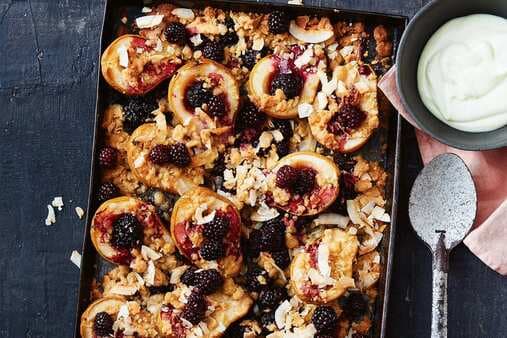 Pear And Blackberry Crumble Tray Bake With Vanilla Cheesecake Cream