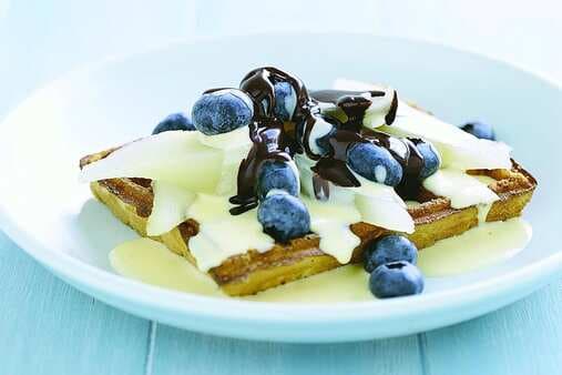 Pear & Blueberry Waffles With Chocolate Sauce And Custard