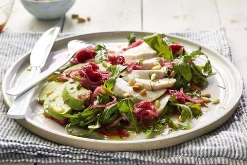 Poached Chicken With Rocket Raspberry Vinaigrette And Avocado