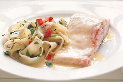 Poached Salmon With Beurre Blanc Sauce And Fettuccine