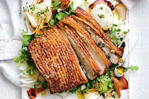 Pork Belly With Roast Pear And Rocket Salad