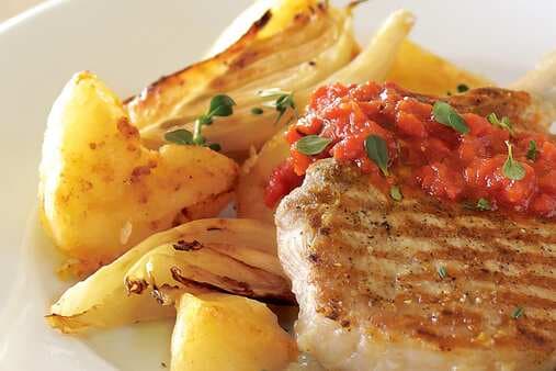 Pork Cutlets With Roasted Potatoes Fennel & Capsicum Sauce