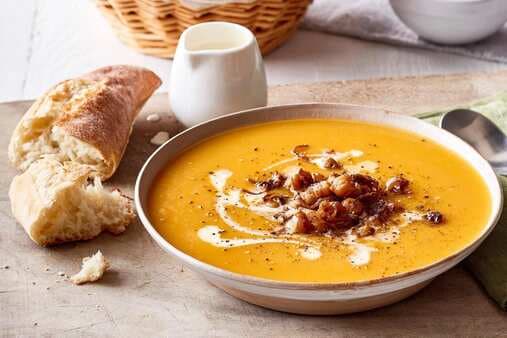 Pumpkin Soup With Caramelised Onion And Chickpeas