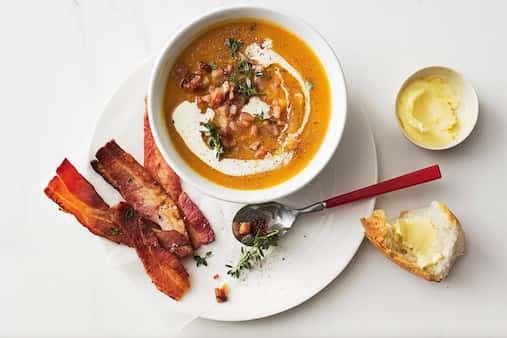 Pumpkin And Sweet Potato Soup With Bacon Dippers
