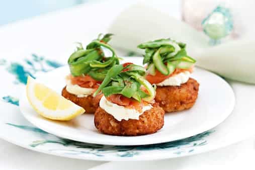 Quinoa Cakes With Smoked Salmon Shaved Asparagus And Creme Fraiche