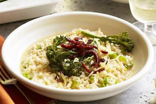 Risotto With Roasted Baby Broccoli And Crispy Chorizo