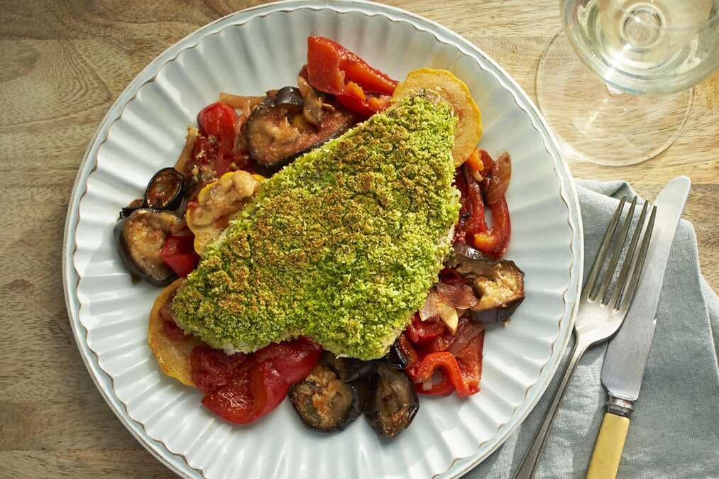 Roasted Ratatouille With Parsley And Lemon Crusted Fish