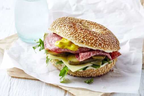 Salami And Swiss Cheese Bagel Sandwich