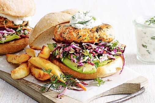 Salmon And Dill Burgers With Kale Coleslaw