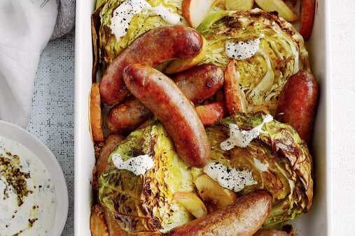 Sausage Cabbage And Apple Bake With Dill Creme Fraiche