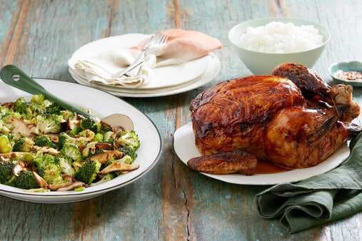 Soy-Lacquered Roast Chicken With Broccoli And Mushroom Stir-Fry