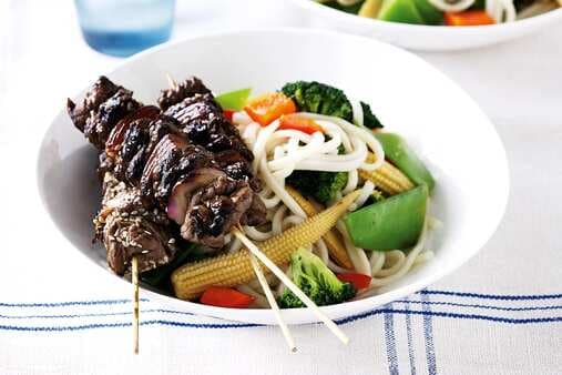 Soy And Sesame Beef Skewers With Udon Noodle Stir-Fry