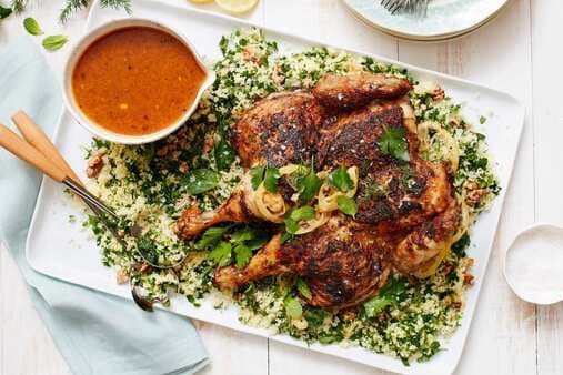 Spatchcocked Chicken With Kale-Couscous Tabouleh