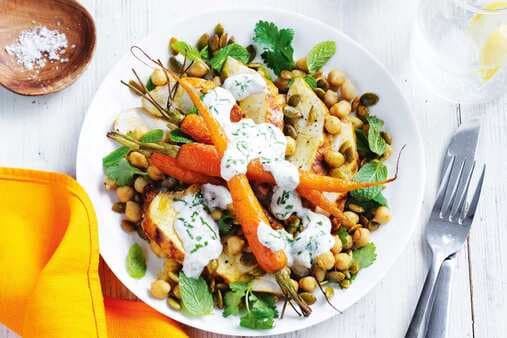Spiced Chicken Roasted Carrot And Chickpea Salad