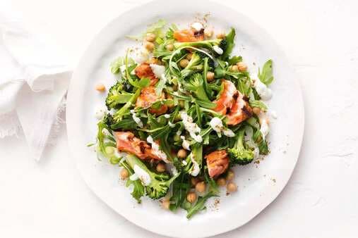 Spiced Salmon With Chickpea Broccoli And Rocket Salad And Yoghurt Dressing