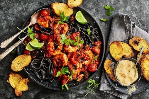 Squid Ink Pasta With Spicy Parmesan And Prawn Sauce