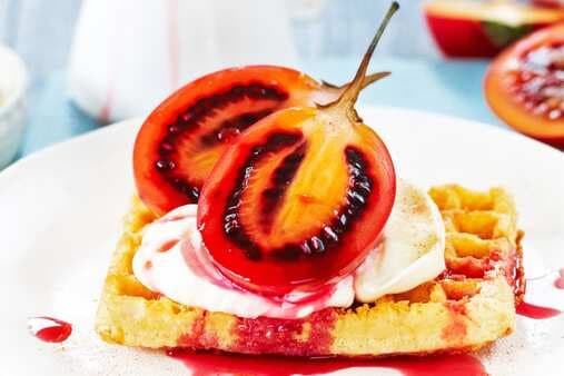 Star-Anise Poached Tamarillos With Waffles & Mascarpone