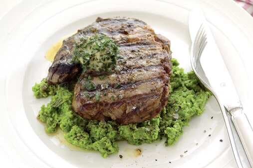 Steak With Anchovy Butter & Smashed Peas